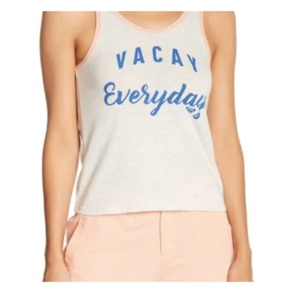 Roxy Vacay Everyday Graphic Tank Top Oatmeal‎ Peach Trim Large Womens Beach Surf